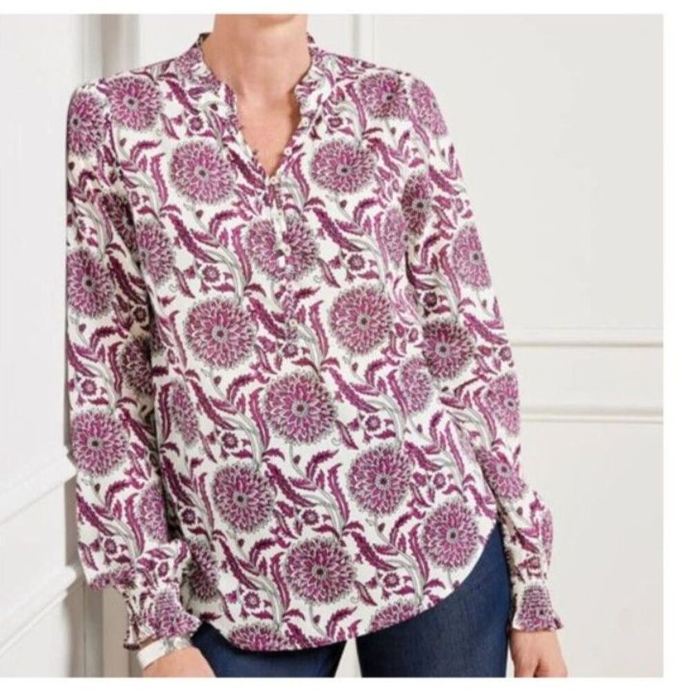 Talbots Chrysanthemum Trellis Ruffle Trim Popover Blouse Plus 2X Cottagecore
